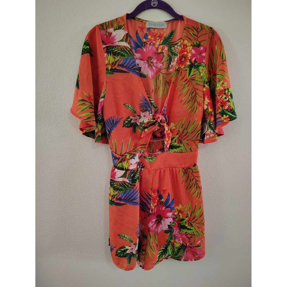 Sophie & Kate Tropical Floral Romper Coral Orange Tie Front Summer Size M